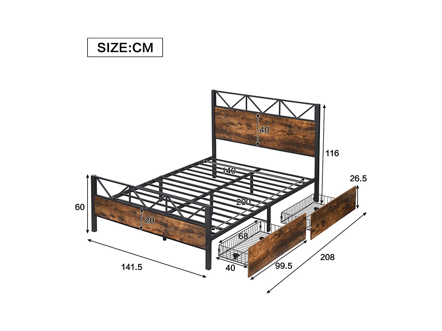 Volwassen bed 140x200cm met 2 lades, frame van metaal en MDF, lattenbodem, zwart en donker notenhout, zonder matras