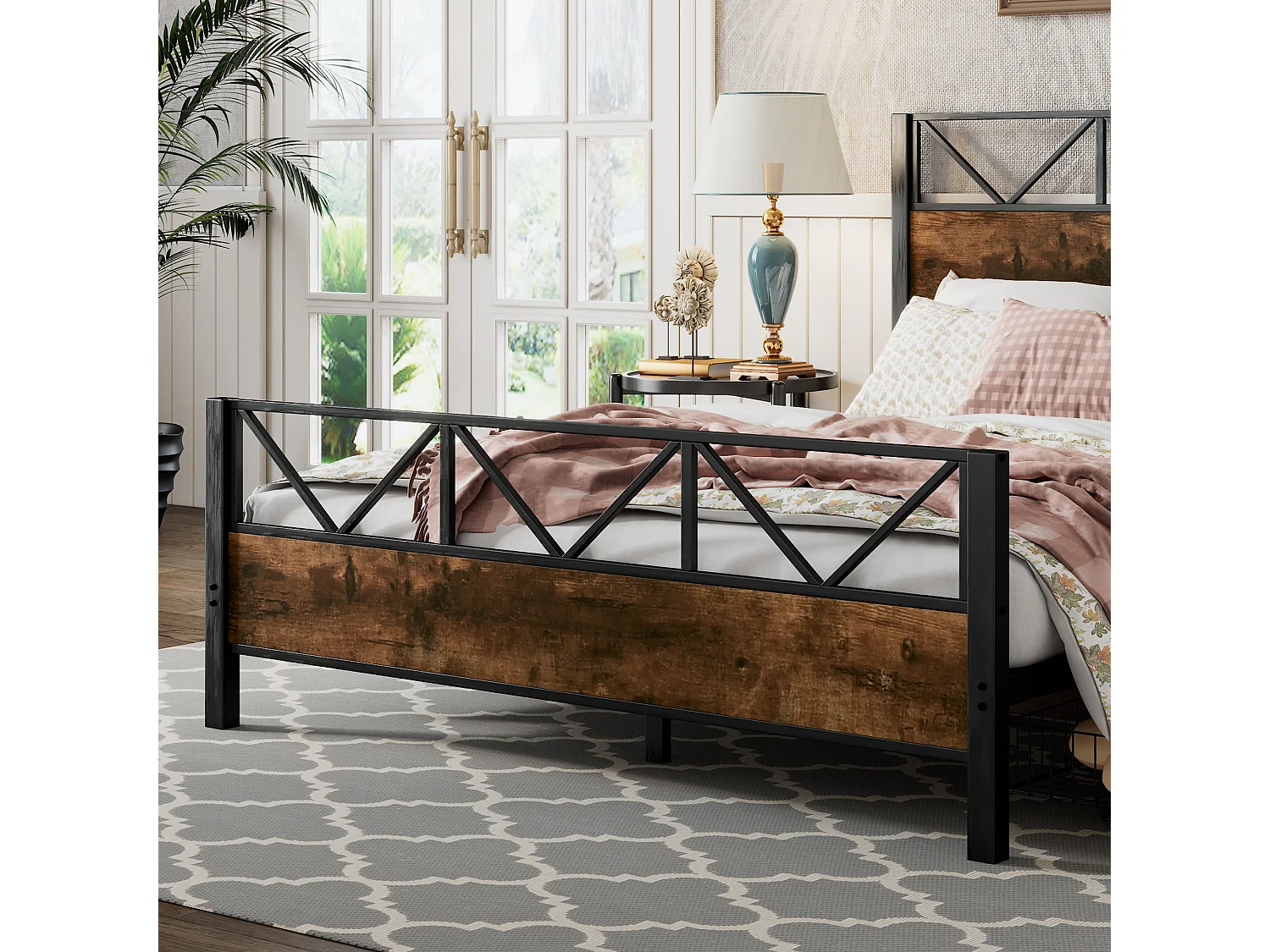 Volwassen bed 140x200cm met 2 lades, frame van metaal en MDF, lattenbodem, zwart en donker notenhout, zonder matras