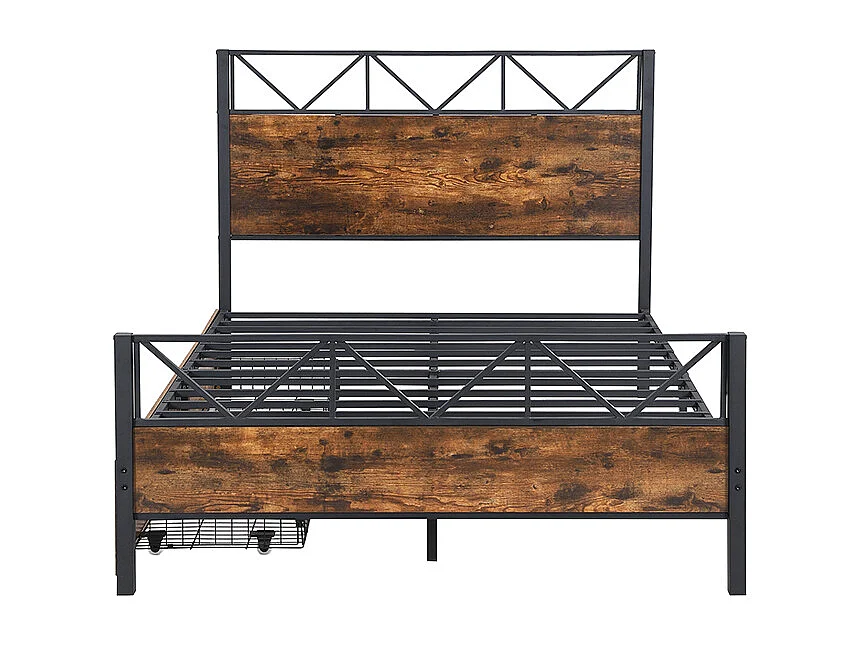 Volwassen bed 140x200cm met 2 lades, frame van metaal en MDF, lattenbodem, zwart en donker notenhout, zonder matras