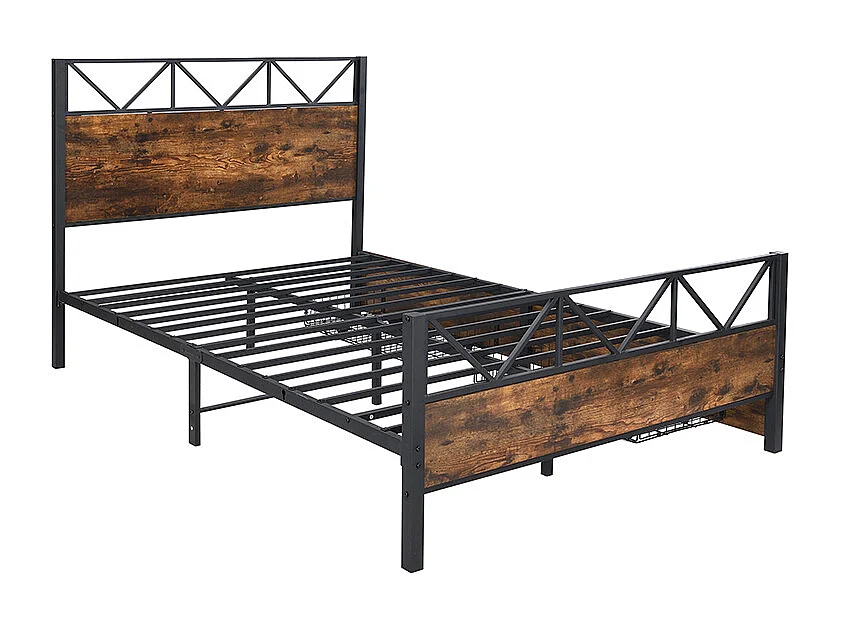 Lit adulte 140x200cm avec 2 tiroirs, cadre en métal et MDF, sommier à lattes, noir et noyer foncé, sans matelas