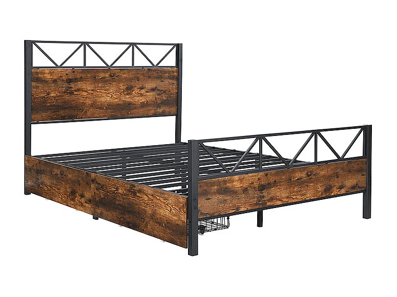 Lit adulte 140x200cm avec 2 tiroirs, cadre en métal et MDF, sommier à lattes, noir et noyer foncé, sans matelas