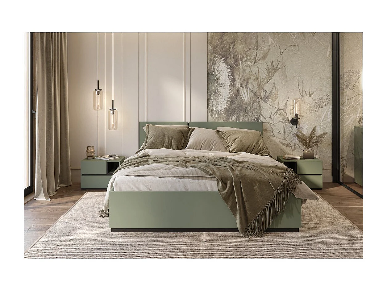 Lit HAVANA 180x200 vert sauge et noir avec sommier – Confort XL et style moderne pour votre chambre