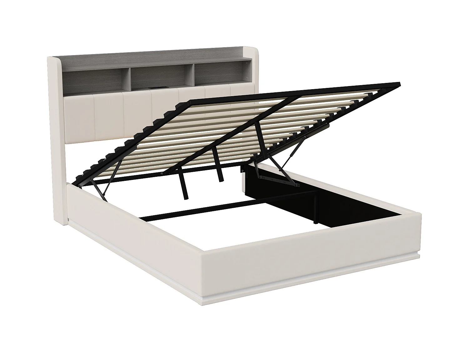 Lit Coffre 140x200 cm avec Prise USB et LED, Lit Double, Cadre de Lit avec Sommier, Velours, Blanc