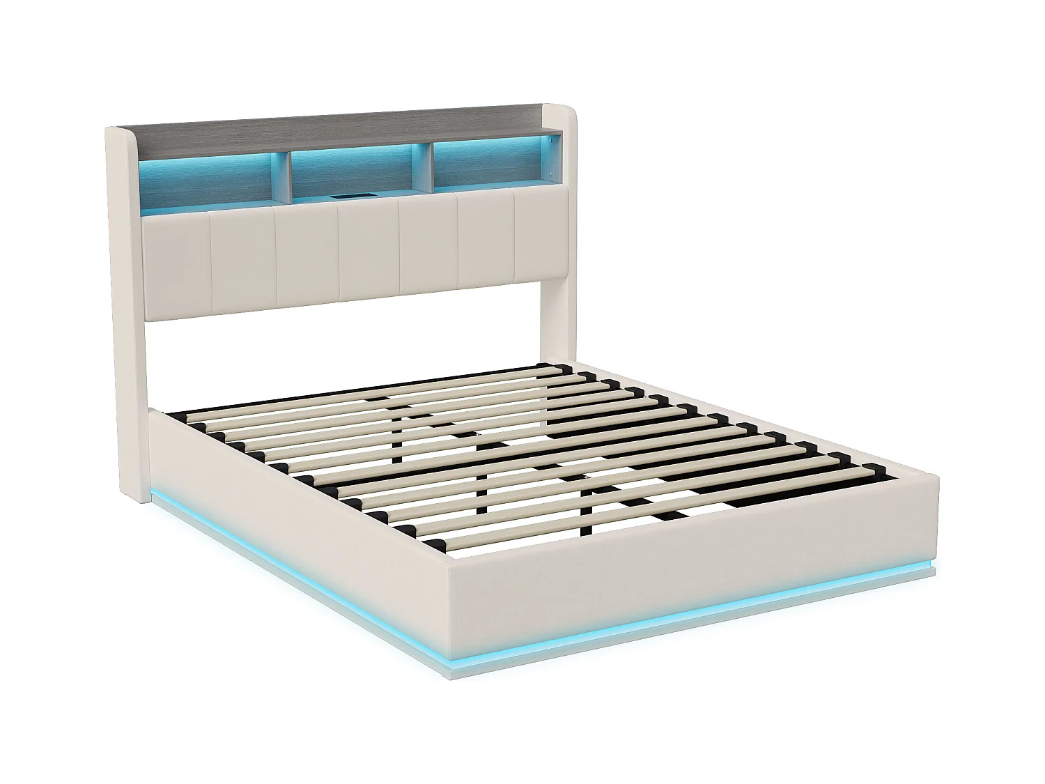 Lit Coffre 140x200 cm avec Prise USB et LED, Lit Double, Cadre de Lit avec Sommier, Velours, Blanc