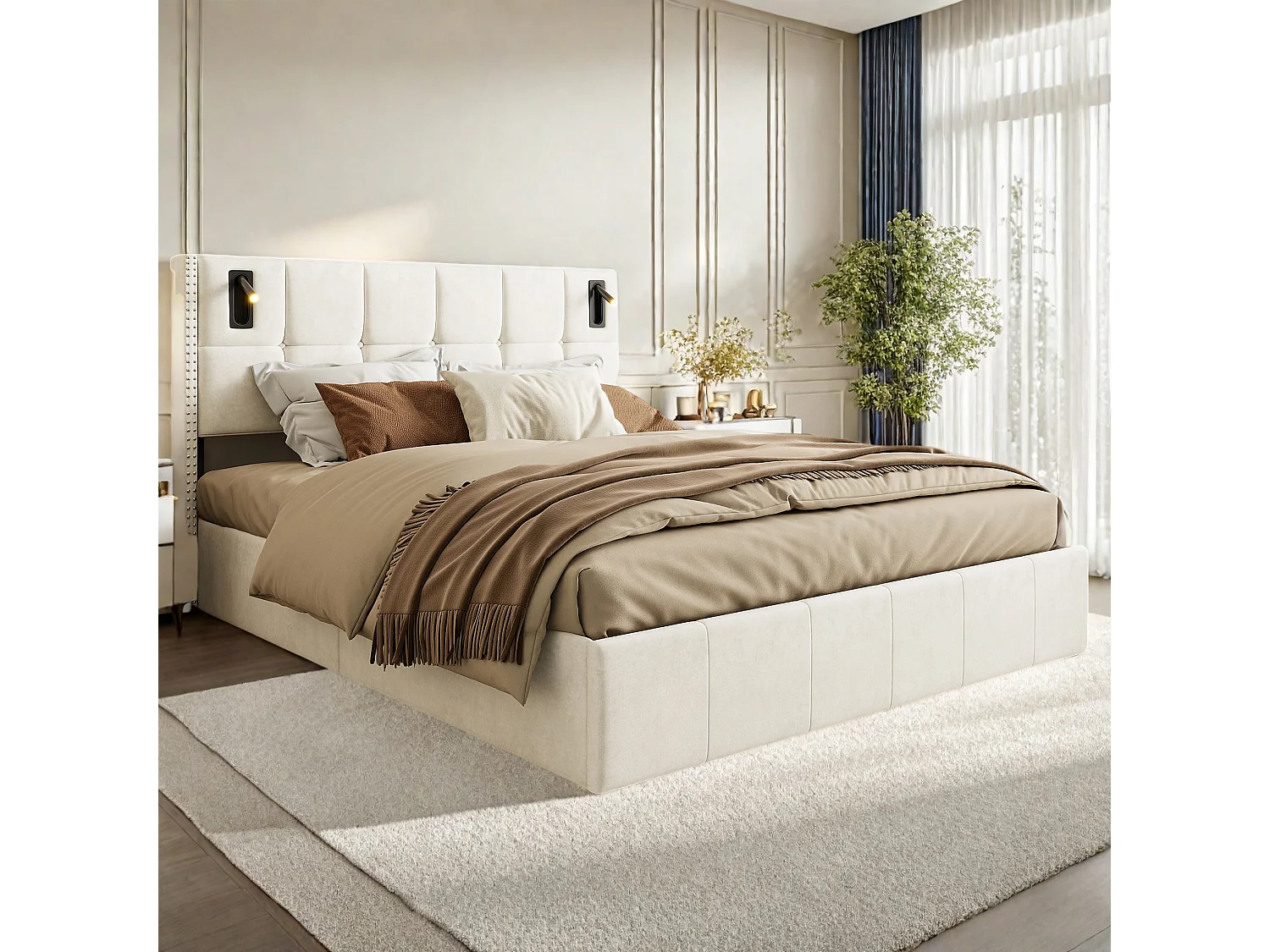 Lit double rembourré, 160 x 200 cm, avec espace de rangement hydraulique, éclairage LED et housse en velours, sommier à lattes, sans matelas, Beige