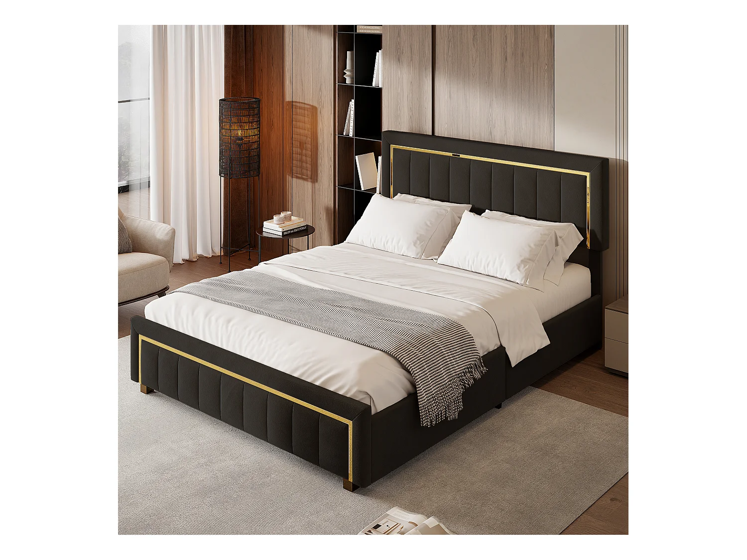 Lit capitonné 140 x 200 cm, avec LED et USB, lit double, avec  sommier à lattes, velours, noir