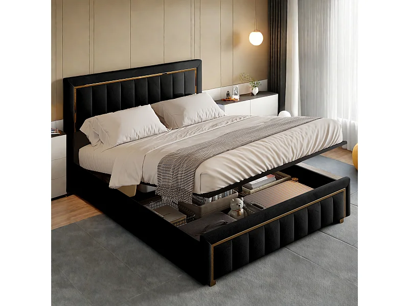 Lit Coffre 140x200 cm avec sommier à Lattes, avec Tête de lit, Lits Rembourré avec Rangement, Cadre de lit en Bois, sans Matelas, Velours, Noir