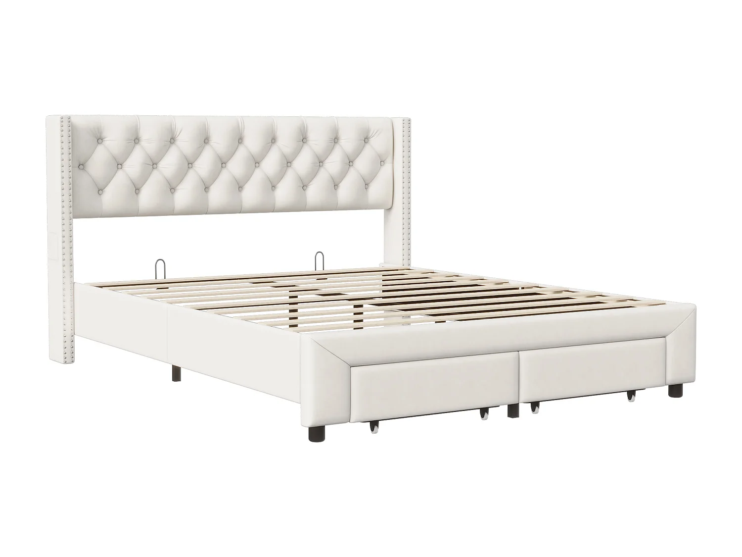 Letto imbottito 160x200 cm con cassetti contenitore, letto matrimoniale con USB e LED, velluto, beige