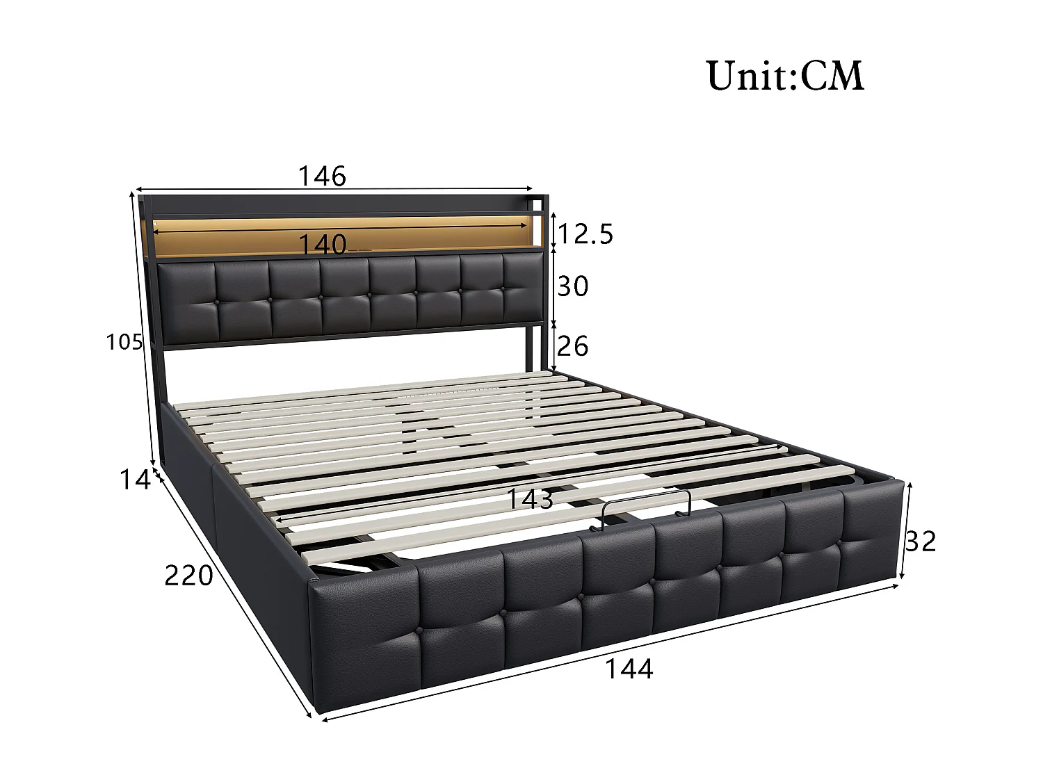 Opbergbed met ledverlichting, volwassenenbed 140 x 200 cm, tweepersoonsbed met lattenbodem, USB-poort, zwart