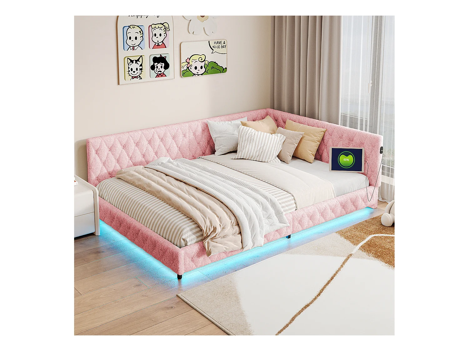 Cama de casal estofada 140 x 200 cm com LED e entrada USB, com cabeceira e estrado de ripas, cor rosa