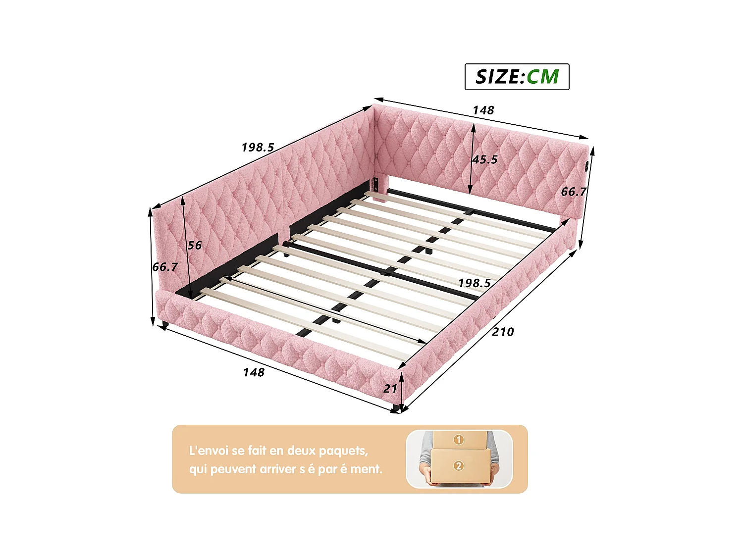 Cama de casal estofada 140 x 200 cm com LED e entrada USB, com cabeceira e estrado de ripas, cor rosa