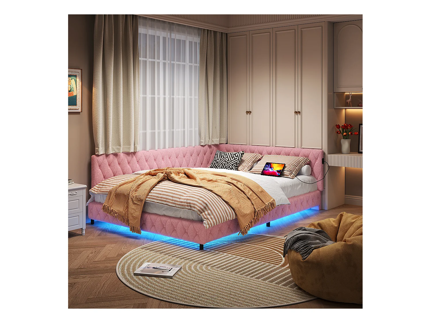 Cama de casal estofada 140 x 200 cm com LED e entrada USB, com cabeceira e estrado de ripas, cor rosa