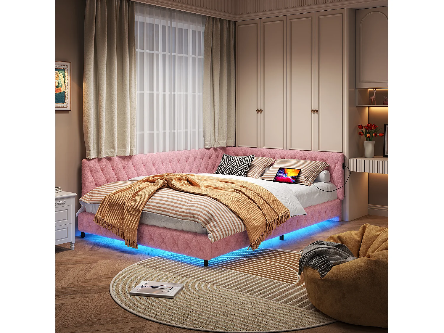 Cama de casal estofada de 140 x 200 cm com LED e porta USB, com cabeceira e estrado de ripas, rosa.