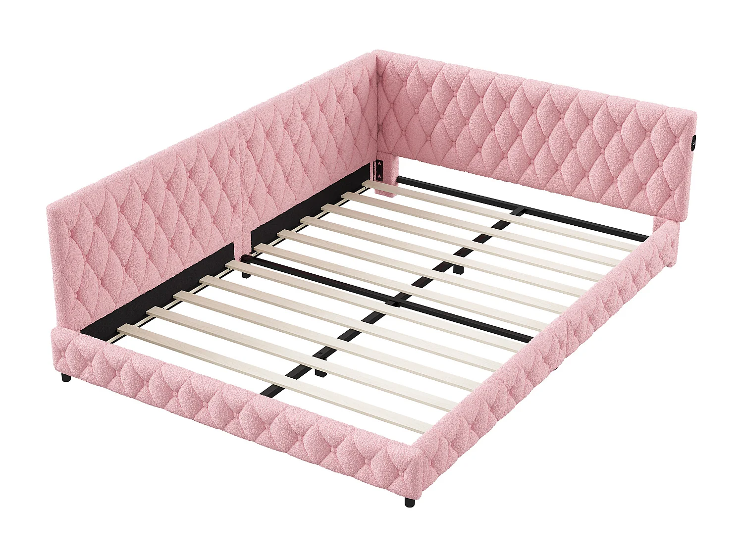 Cama de casal estofada de 140 x 200 cm com LED e porta USB, com cabeceira e estrado de ripas, rosa.