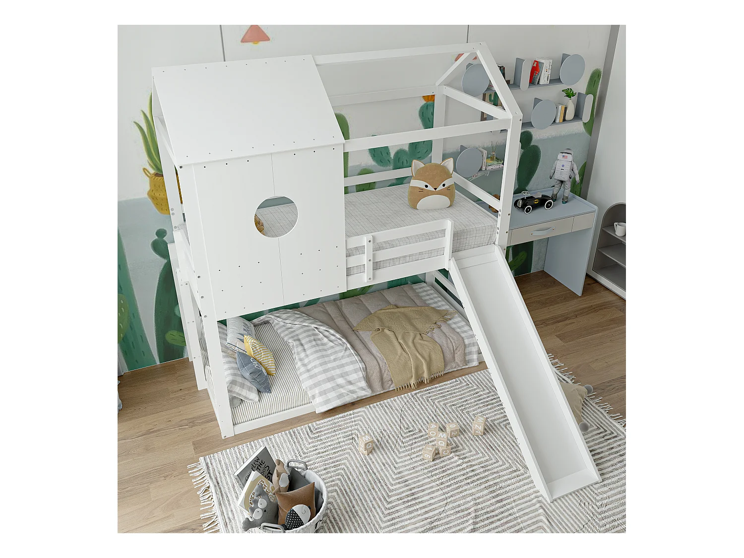 Lit superposé cabane en bois avec toboggan , avec rail de protection , 90 x 200 cm ,  blanc