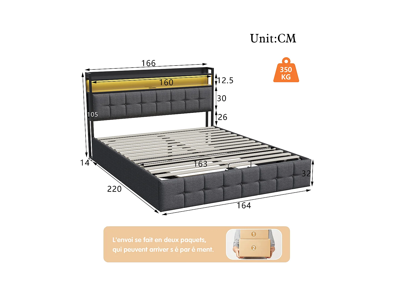 Lit Double 160x200 cm avec Sommier Et Rangement, Lits Capitonné avec LED Et Prise USB, lin, gris