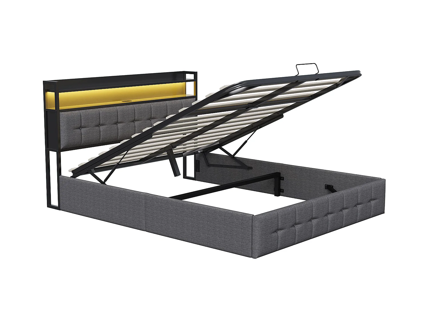 Cama de matrimonio 160x200 cm con base y almacenaje, camas tapizadas con LED y toma USB, lino, gris