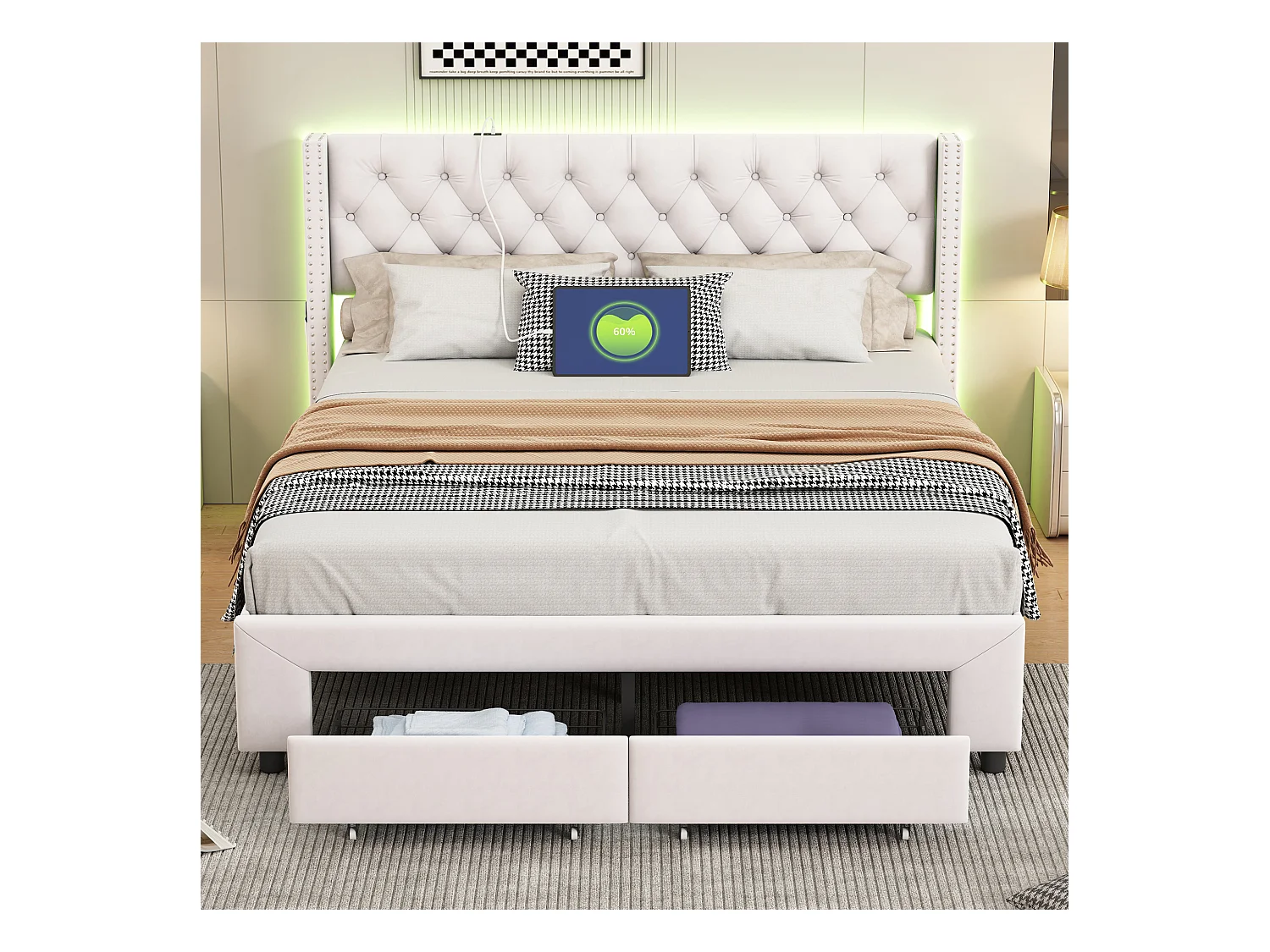 Lit rembourré 140x190 cm avec tiroirs de Rangement, lit Double avec USB et LED,  Velours, Beige