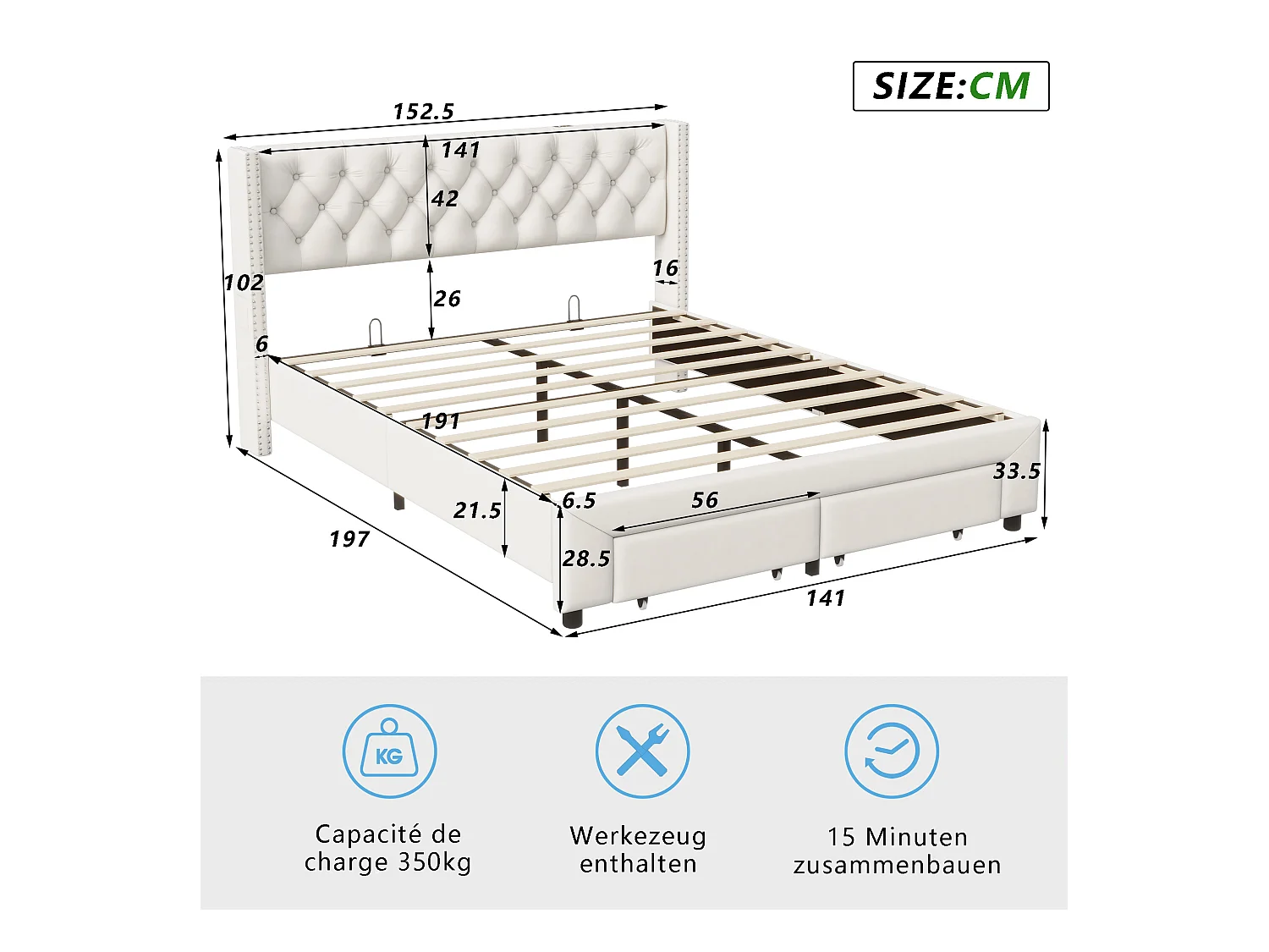 Lit rembourré 140x190 cm avec tiroirs de Rangement, lit Double avec USB et LED,  Velours, Beige