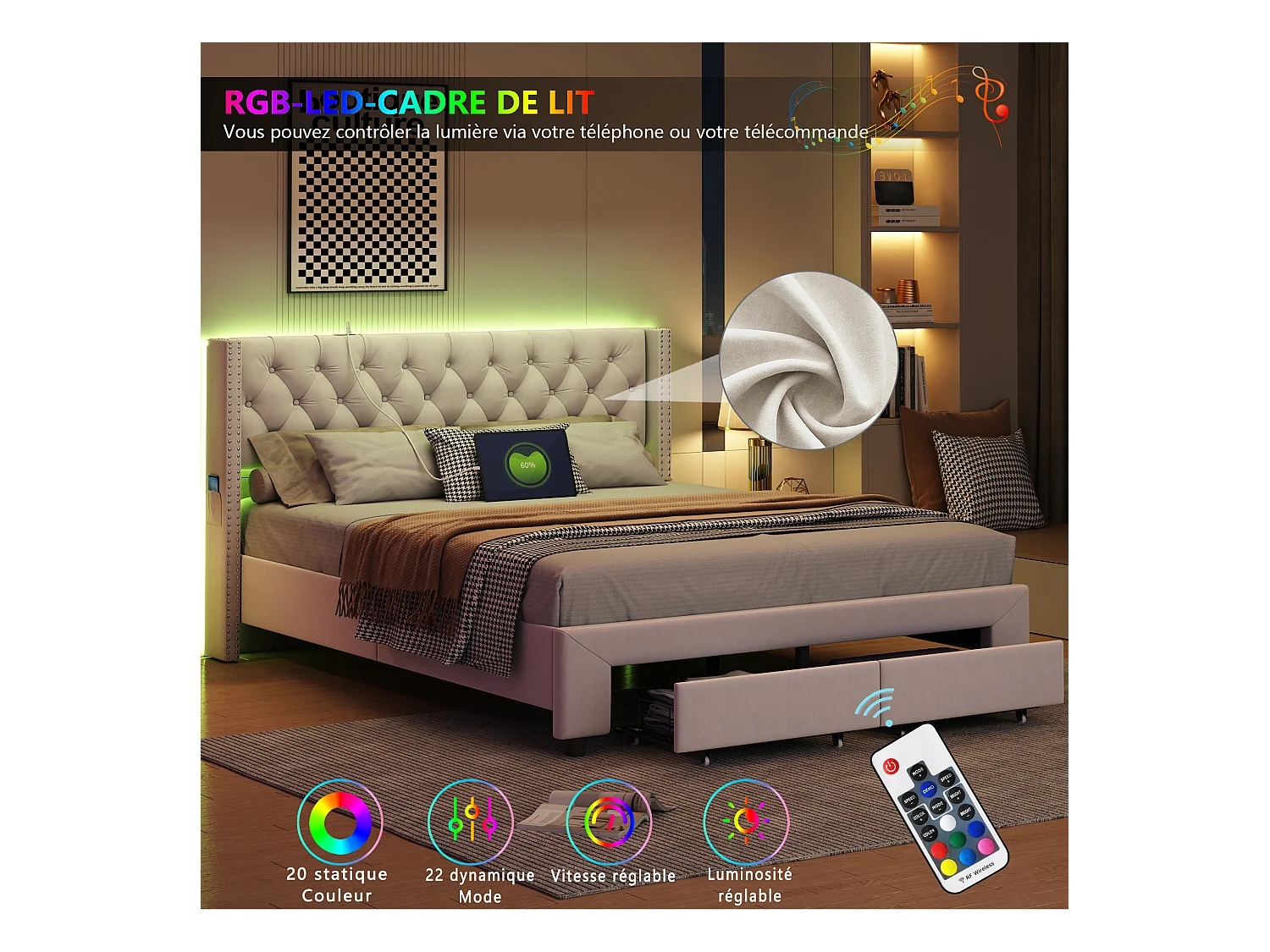 Lit rembourré 140x190 cm avec tiroirs de Rangement, lit Double avec USB et LED,  Velours, Beige