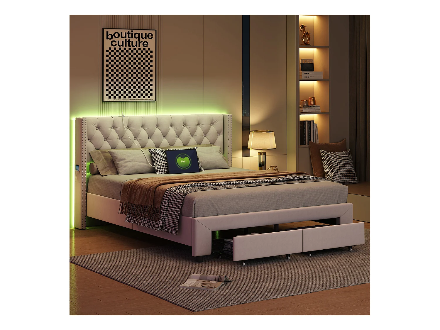 Lit rembourré 140x190 cm avec tiroirs de Rangement, lit Double avec USB et LED,  Velours, Beige