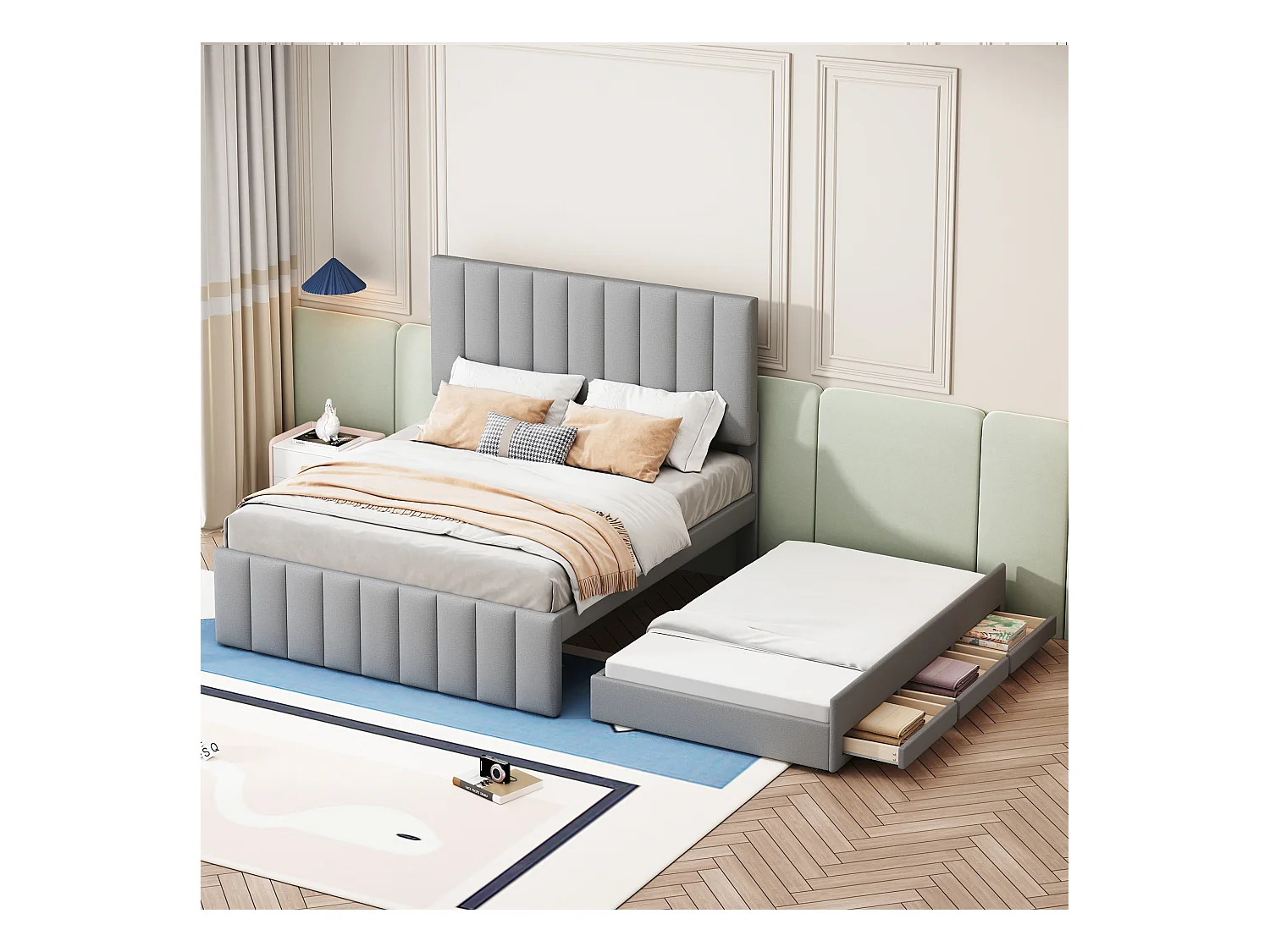 Lit adulte 140x200 cm avec lit gigogne 90x190cm avec tiroirs de rangement, en lin, sans matelas, gris