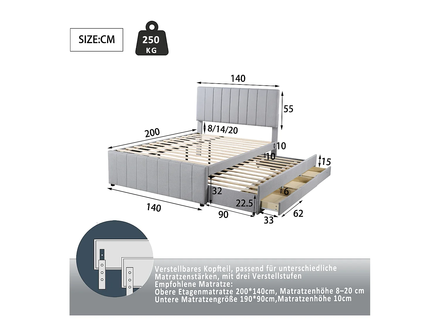 Lit adulte 140x200 cm avec lit gigogne 90x190cm avec tiroirs de rangement, en lin, sans matelas, gris