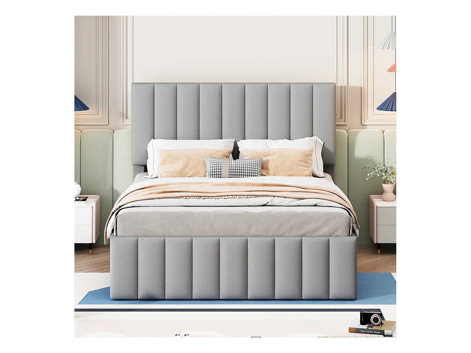 Lit adulte 140x200 cm avec lit gigogne 90x190cm avec tiroirs de rangement, en lin, sans matelas, gris