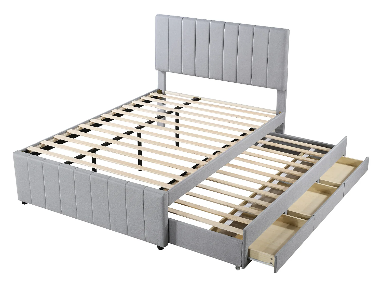 Lit adulte 140x200 cm avec lit gigogne 90x190cm avec tiroirs de rangement, en lin, sans matelas, gris