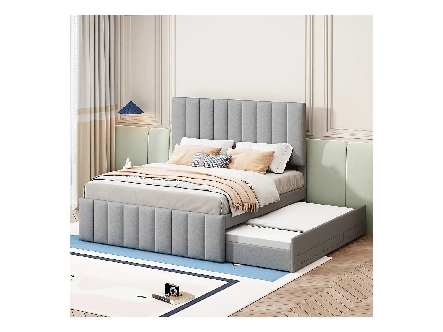 Lit adulte 140x200 cm avec lit gigogne 90x190cm avec tiroirs de rangement, en lin, sans matelas, gris