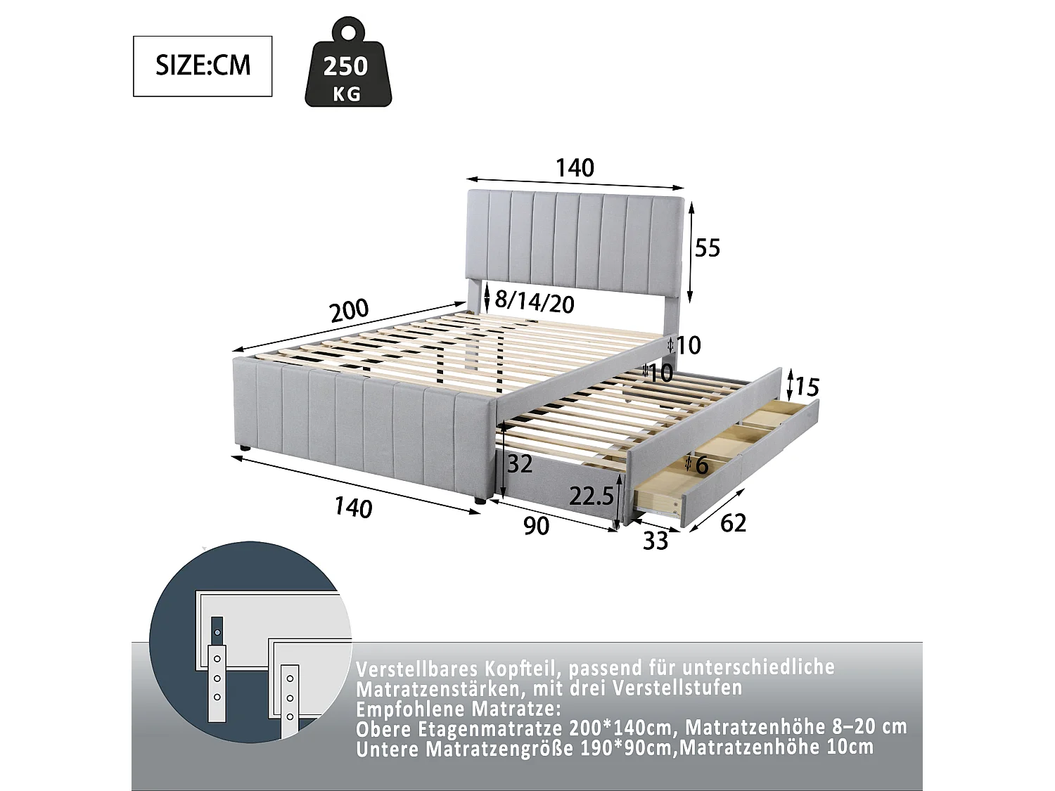 Lit adulte 140x200 cm avec lit gigogne 90x190cm avec tiroirs de rangement, en lin, sans matelas, gris
