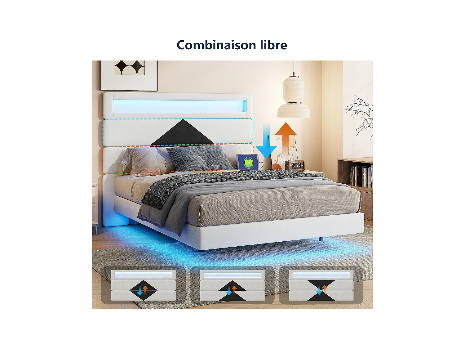 Lit double 140 x 190 cm, USB, LED,  avec sommier à lattes,  lit rembourré,  velours,  blanc