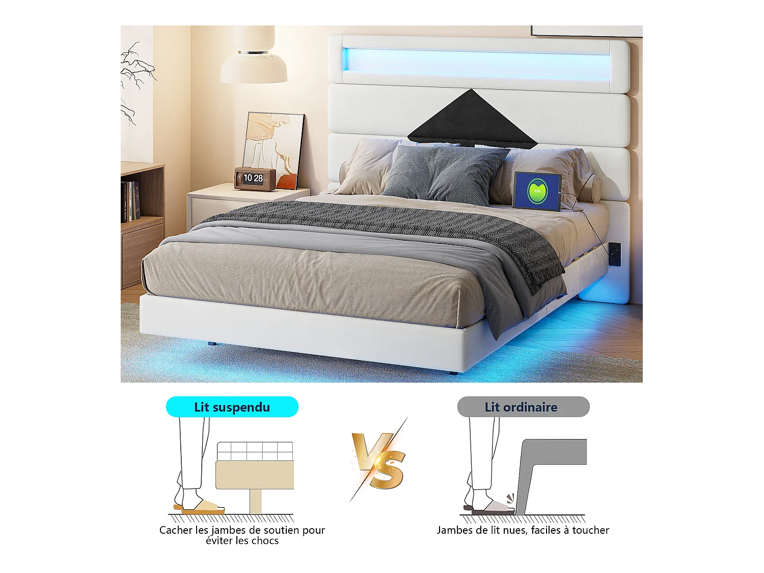 Lit double 140 x 190 cm, USB, LED,  avec sommier à lattes,  lit rembourré,  velours,  blanc