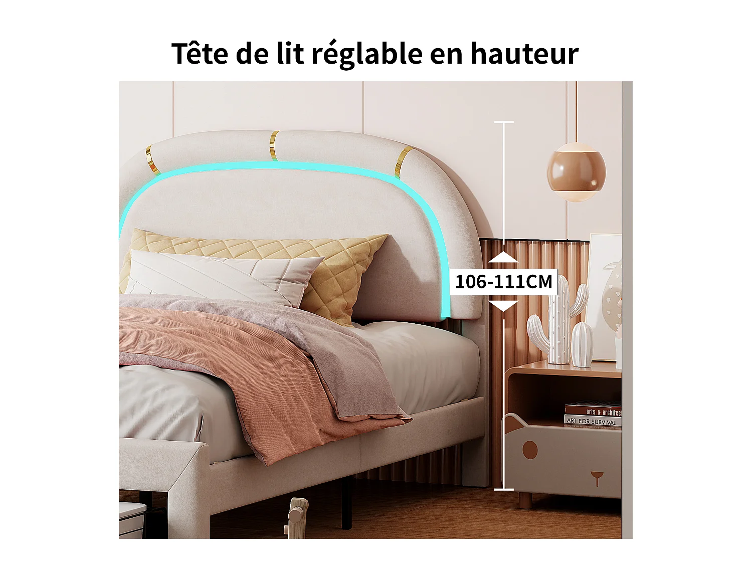 Letto matrimoniale imbottito, 140 x 200 cm, con 2 cassetti, rete a doghe e schienale, velluto, beige