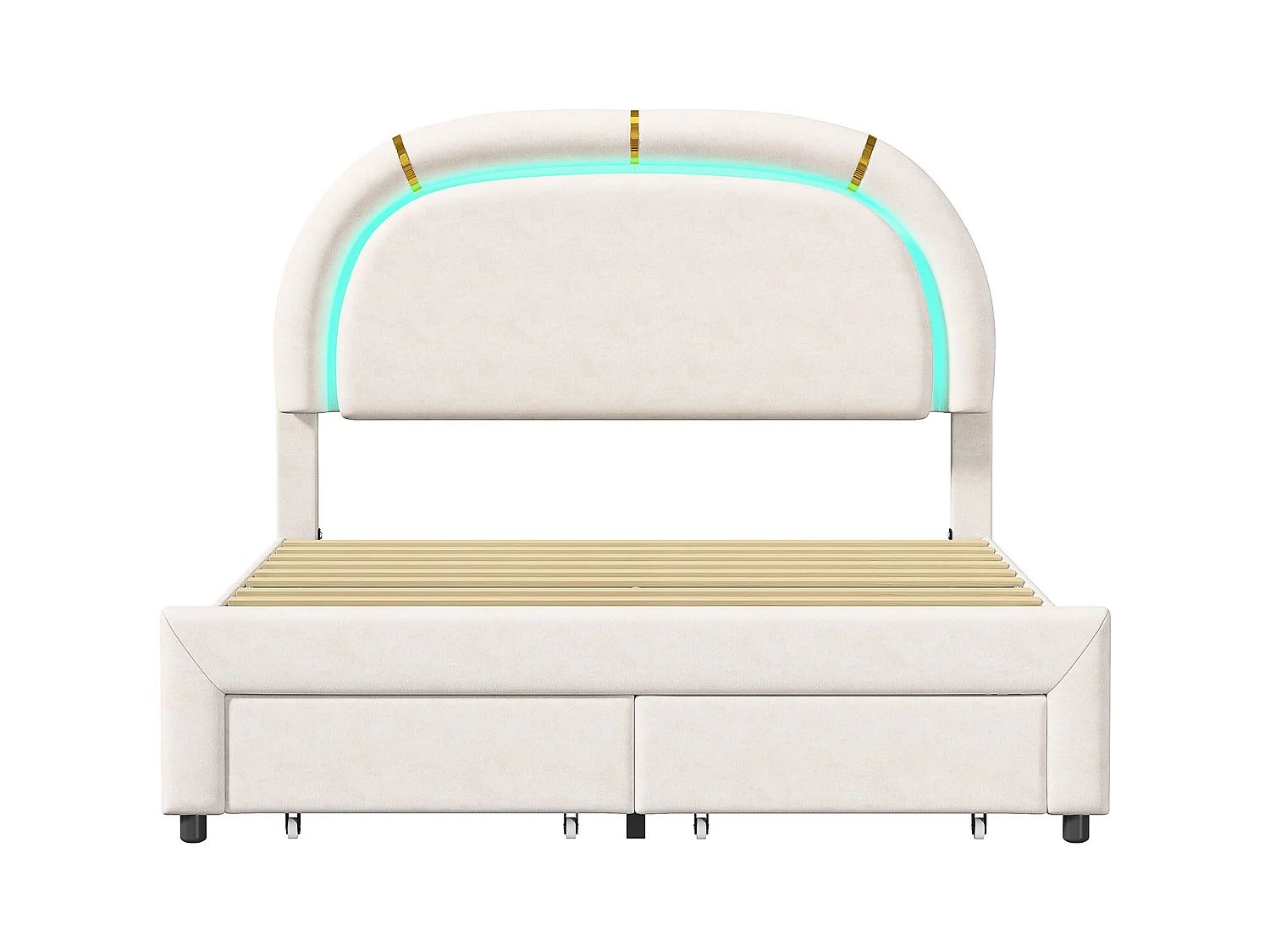 Letto matrimoniale imbottito, 140 x 200 cm, con 2 cassetti, rete a doghe e schienale, velluto, beige