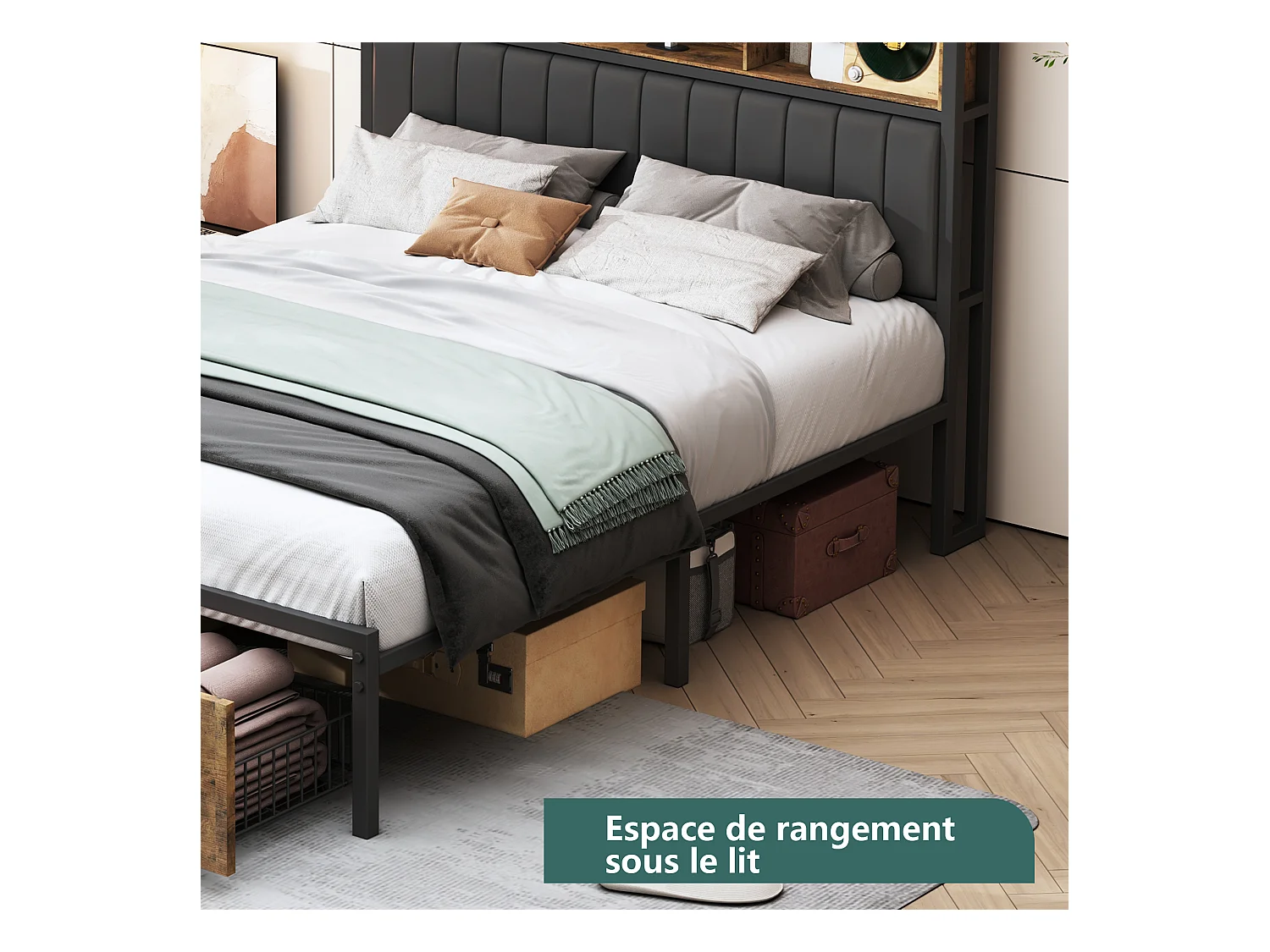 Metalen tweepersoonsbed 160x200 cm met LED en USB-oplader, gestoffeerde bedden met lattenbodem, zwart