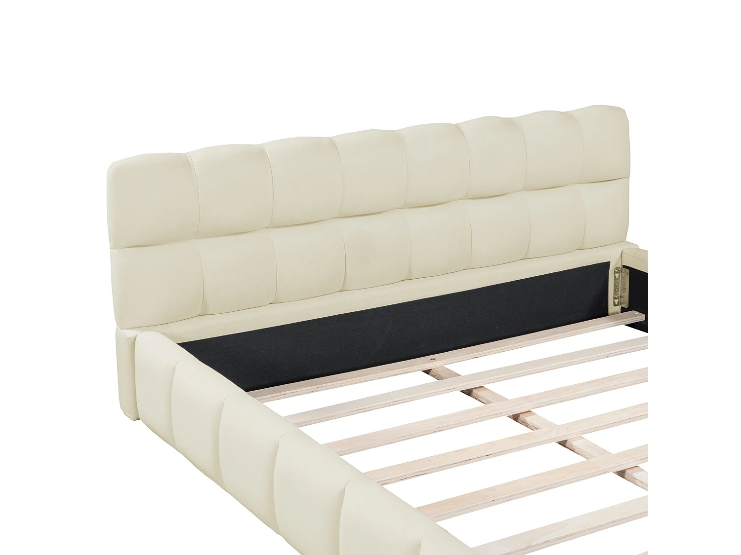 Lit double rembourré, à bulles, 160 x 200 cm, avec sommier à lattes et dossier souple,  lin, beige