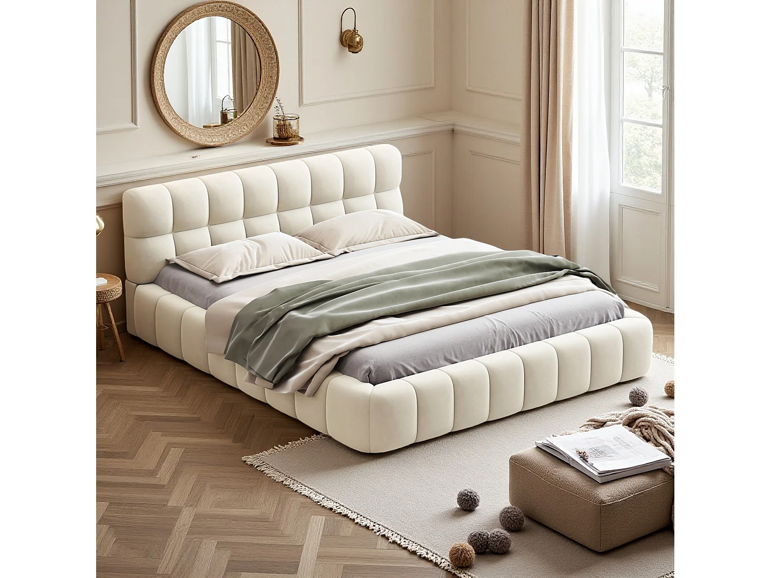 Cama de casal estofada, estilo bolha, 160 x 200 cm, com estrado de ripas e encosto macio, linho, bege