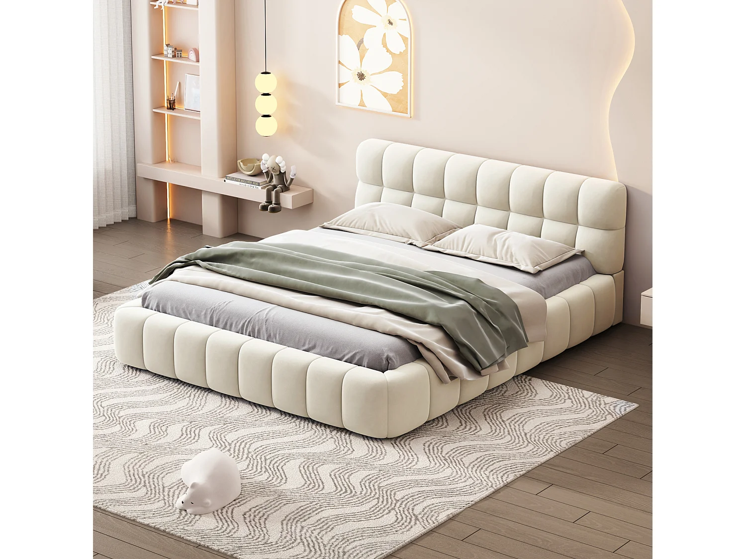Cama de casal estofada, estilo bolha, 160 x 200 cm, com estrado de ripas e encosto macio, linho, bege
