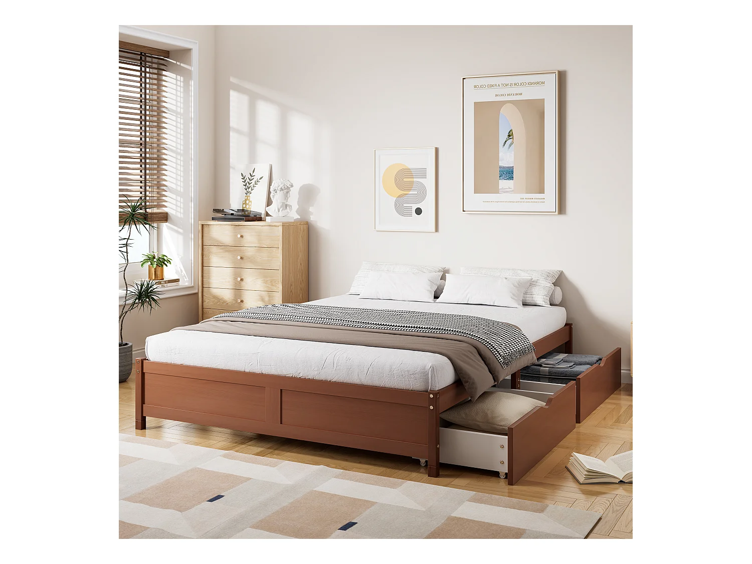 Lit adulte 140x200cm avec 2 tiroirs, sans tête de lit, cadre en MDF, sommier à lattes, Brun rougeâtre, sans matelas