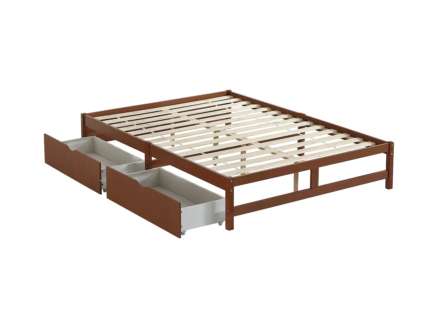 Lit adulte 140x200cm avec 2 tiroirs, sans tête de lit, cadre en MDF, sommier à lattes, Brun rougeâtre, sans matelas