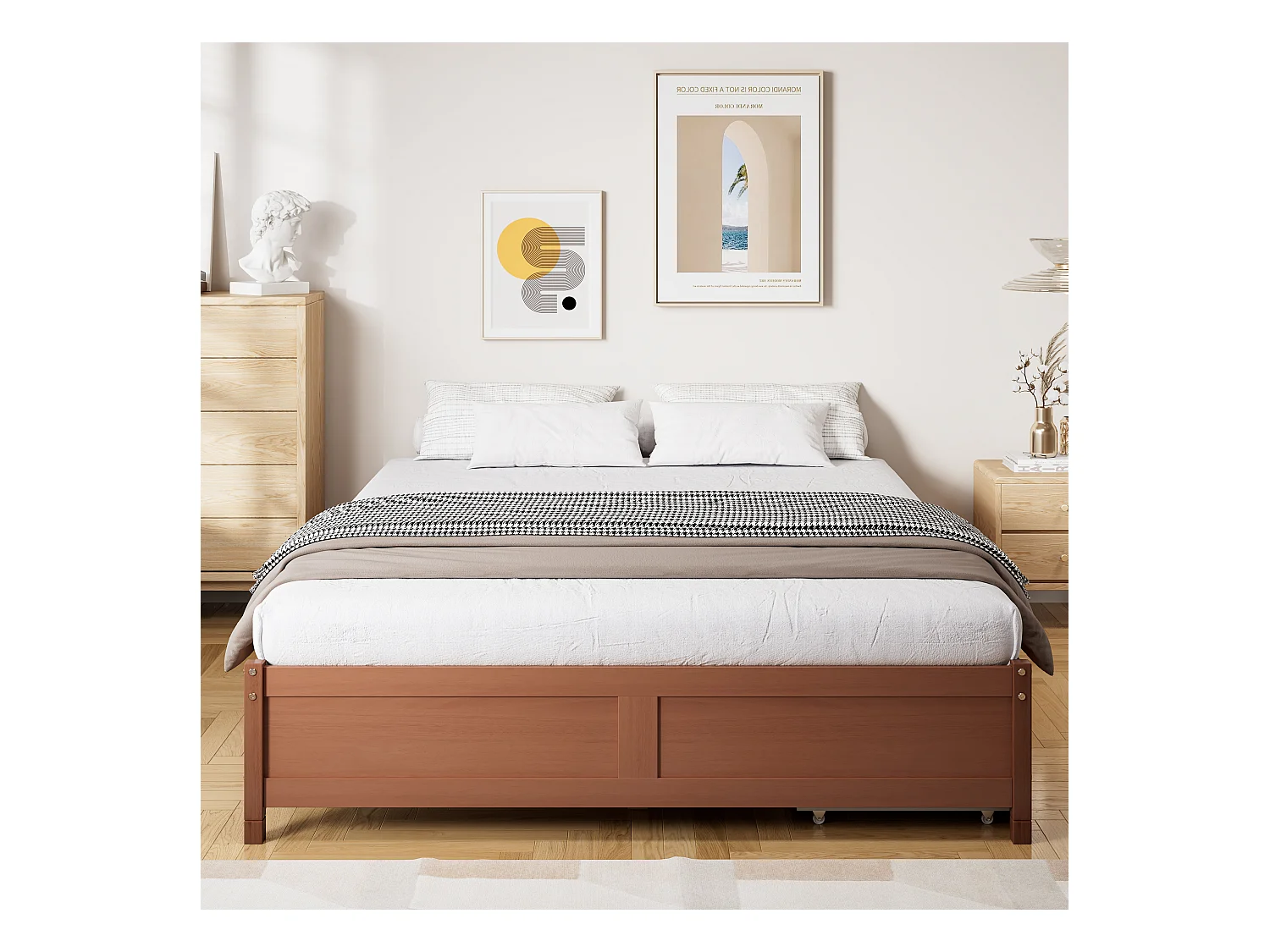 Lit adulte 140x200cm avec 2 tiroirs, sans tête de lit, cadre en MDF, sommier à lattes, Brun rougeâtre, sans matelas