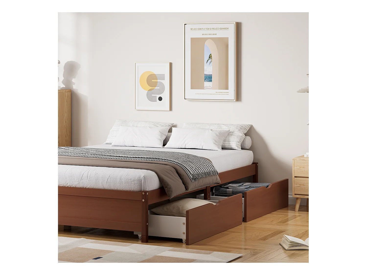 Lit adulte 140x200cm avec 2 tiroirs, sans tête de lit, cadre en MDF, sommier à lattes, Brun rougeâtre, sans matelas