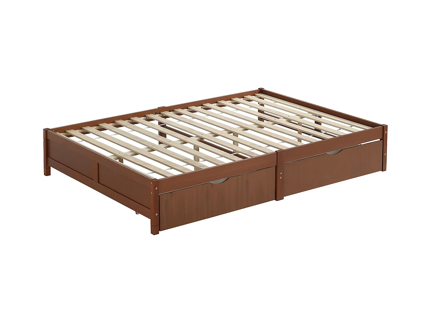 Lit adulte 140x200cm avec 2 tiroirs, sans tête de lit, cadre en MDF, sommier à lattes, Brun rougeâtre, sans matelas