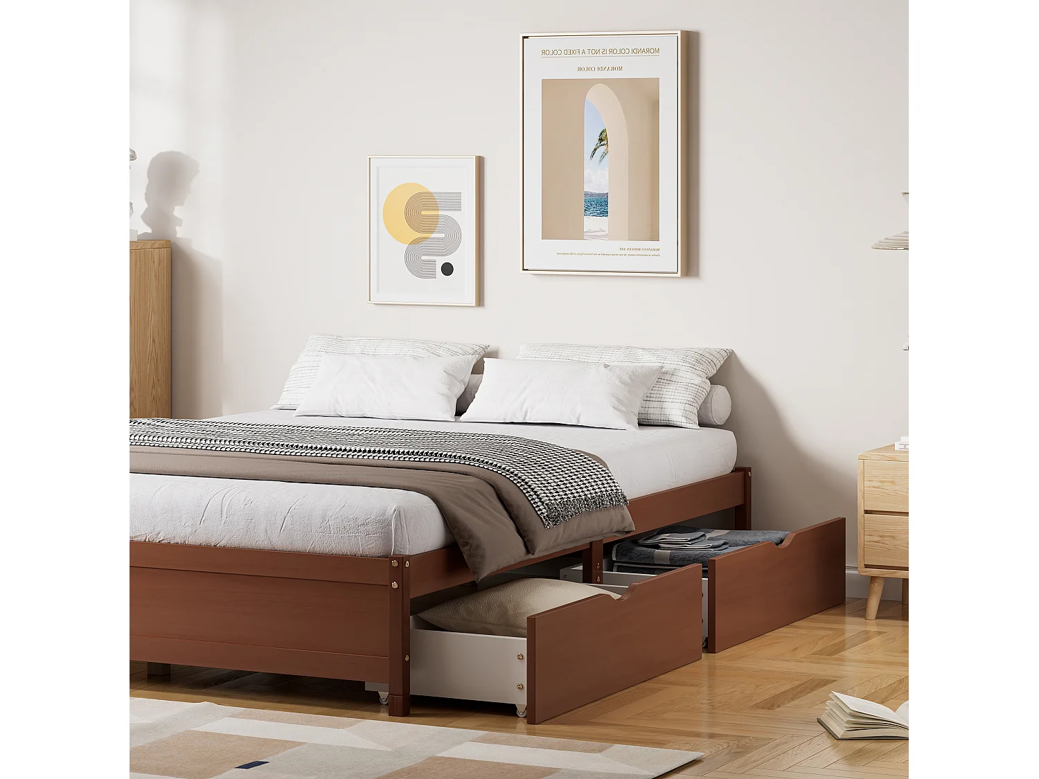 Lit adulte 140x200cm avec 2 tiroirs, sans tête de lit, cadre en MDF, sommier à lattes, Brun rougeâtre, sans matelas