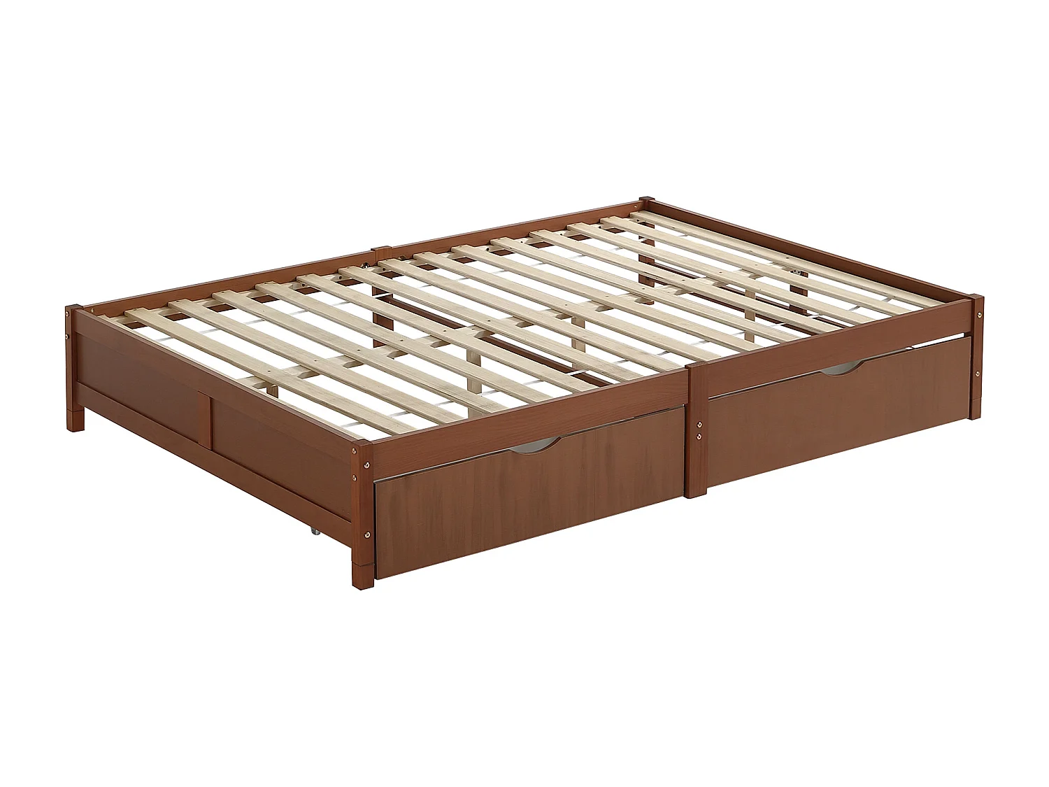 Lit adulte 140x200cm avec 2 tiroirs, sans tête de lit, cadre en MDF, sommier à lattes, Brun rougeâtre, sans matelas