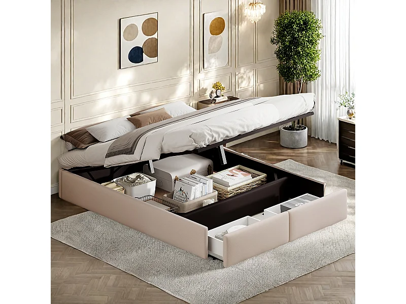 Cama de plataforma de casal 140 x 200 cm, com arrumação, sem cabeceira, com estrado de ripas, bege