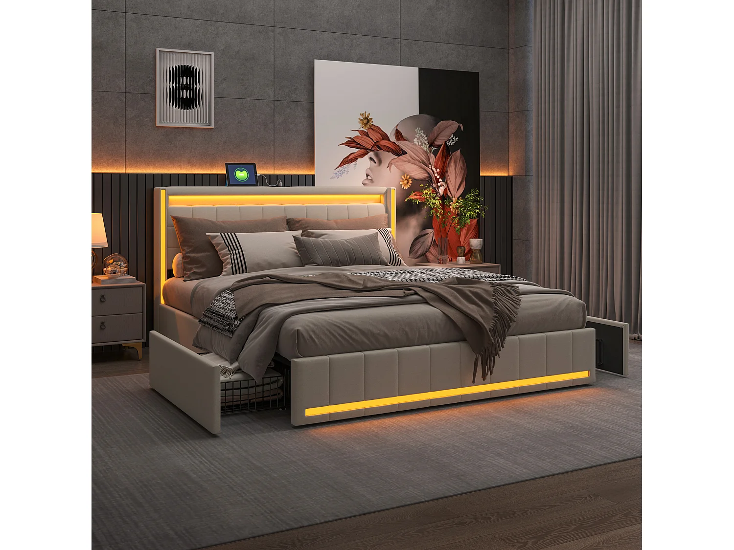 Gestoffeerd tweepersoonsbed 140 x 190 cm, Tweepersoonsbed met hoofdbord en ledverlichting, Linnen, Beige
