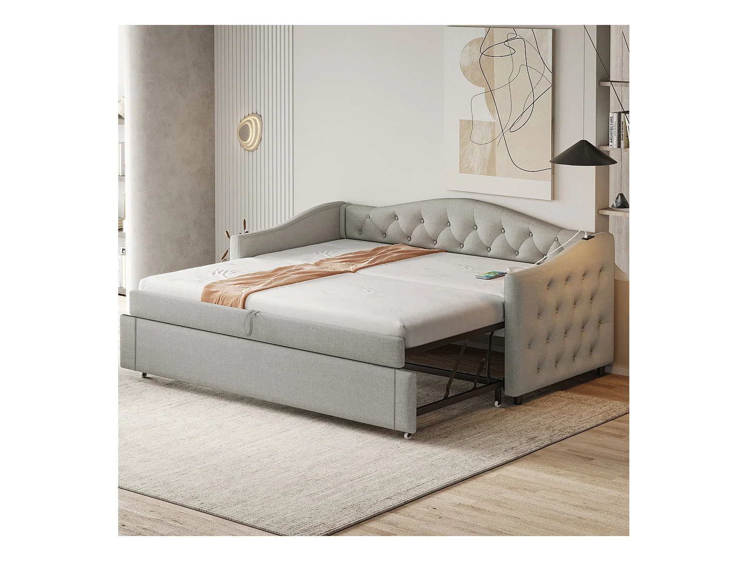 Lit enfant banquette 90x200cm gris en lin convertible, avec dossier et tête de lit rembourrés, sans matelas
