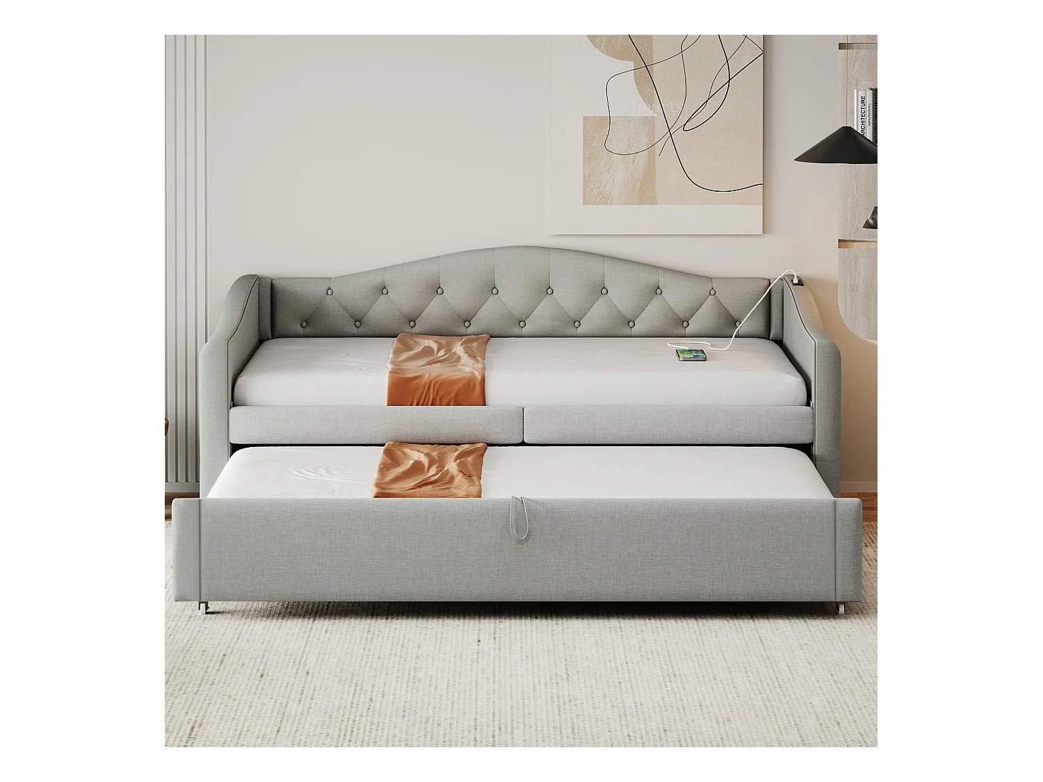 Lit enfant banquette 90x200cm gris en lin convertible, avec dossier et tête de lit rembourrés, sans matelas